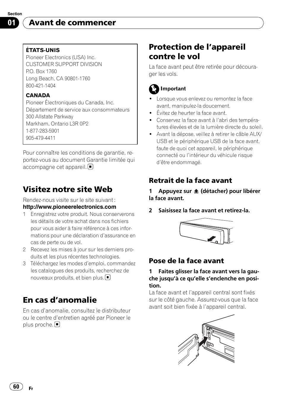 Visitez notre site web, En cas d, Anomalie 60 | Protection de l, Appareil contre le vol 60, Retrait de la face avant 60, Pose de la face avant 60, En cas d ’anomalie, Protection de l ’appareil contre le vol, Avant de commencer | Pioneer DEH-P3100UB User Manual | Page 60 / 177