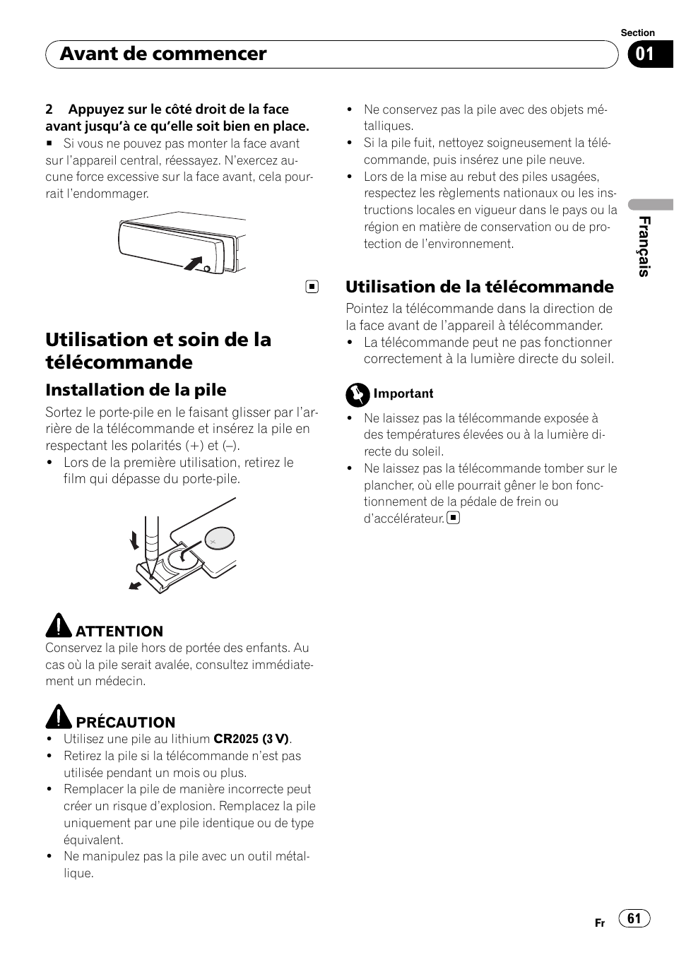 Utilisation et soin de la télécommande, Installation de la pile 61, Utilisation de la télécommande 61 | Avant de commencer, Installation de la pile, Utilisation de la télécommande | Pioneer DEH-P3100UB User Manual | Page 61 / 177
