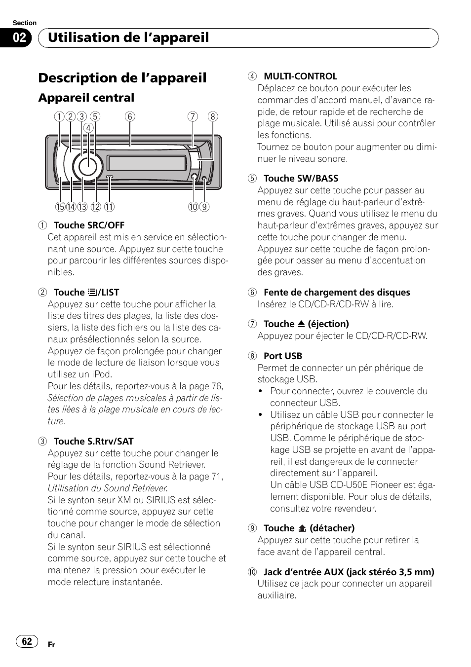 Utilisation de l, Appareil, Description de l | Appareil 62, Appareil central 62, Description de l ’appareil, Utilisation de l ’appareil | Pioneer DEH-P3100UB User Manual | Page 62 / 177