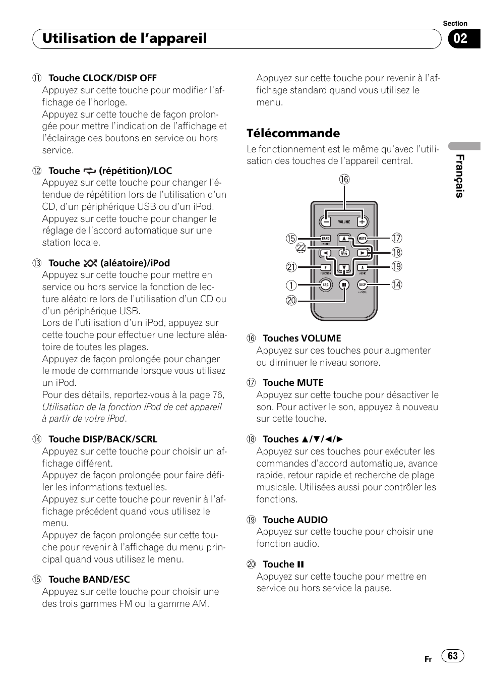 Télécommande 63, Utilisation de l ’appareil, Télécommande | Pioneer DEH-P3100UB User Manual | Page 63 / 177