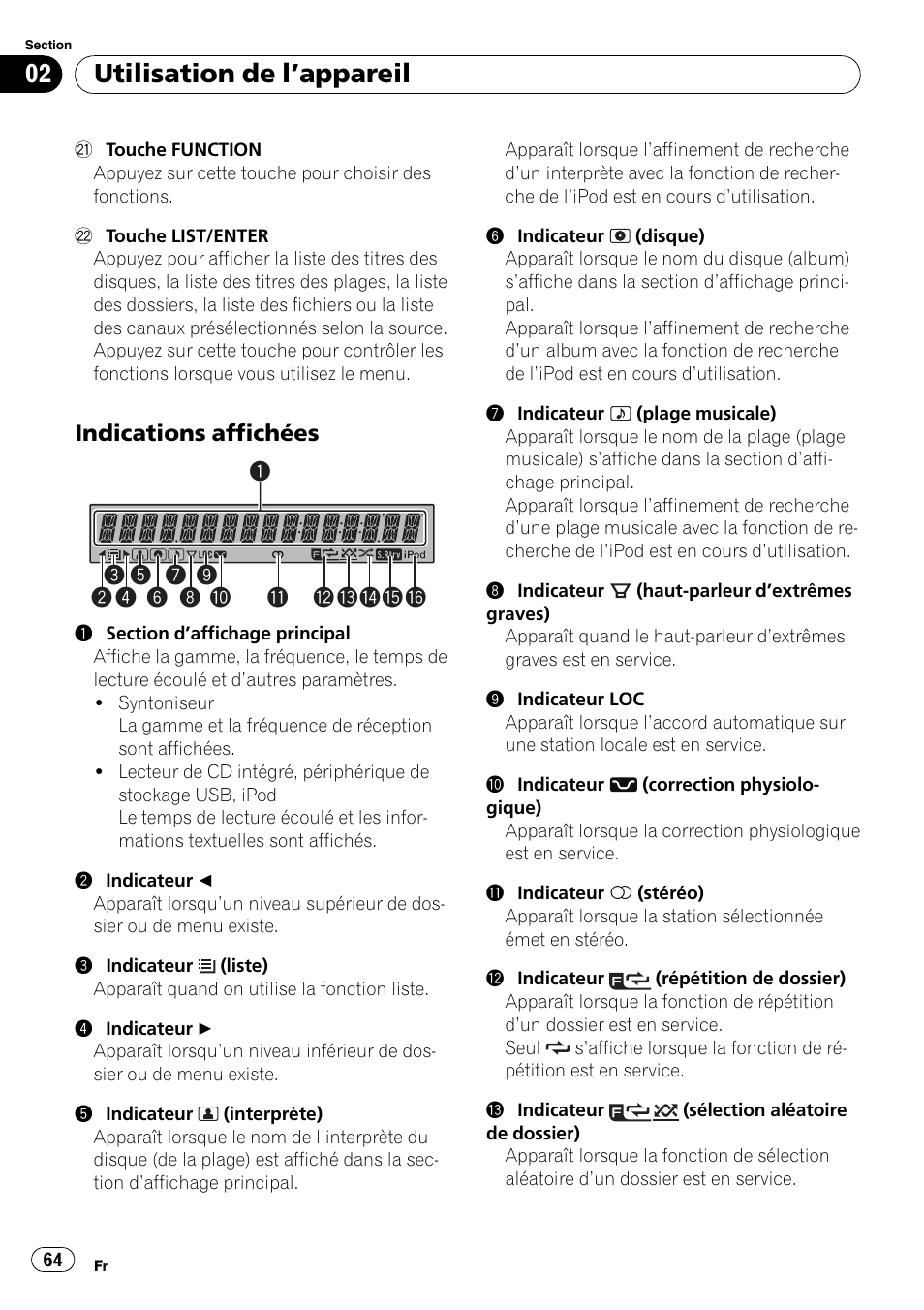 Indications affichées 64, Utilisation de l ’appareil, Indications affichées | Pioneer DEH-P3100UB User Manual | Page 64 / 177