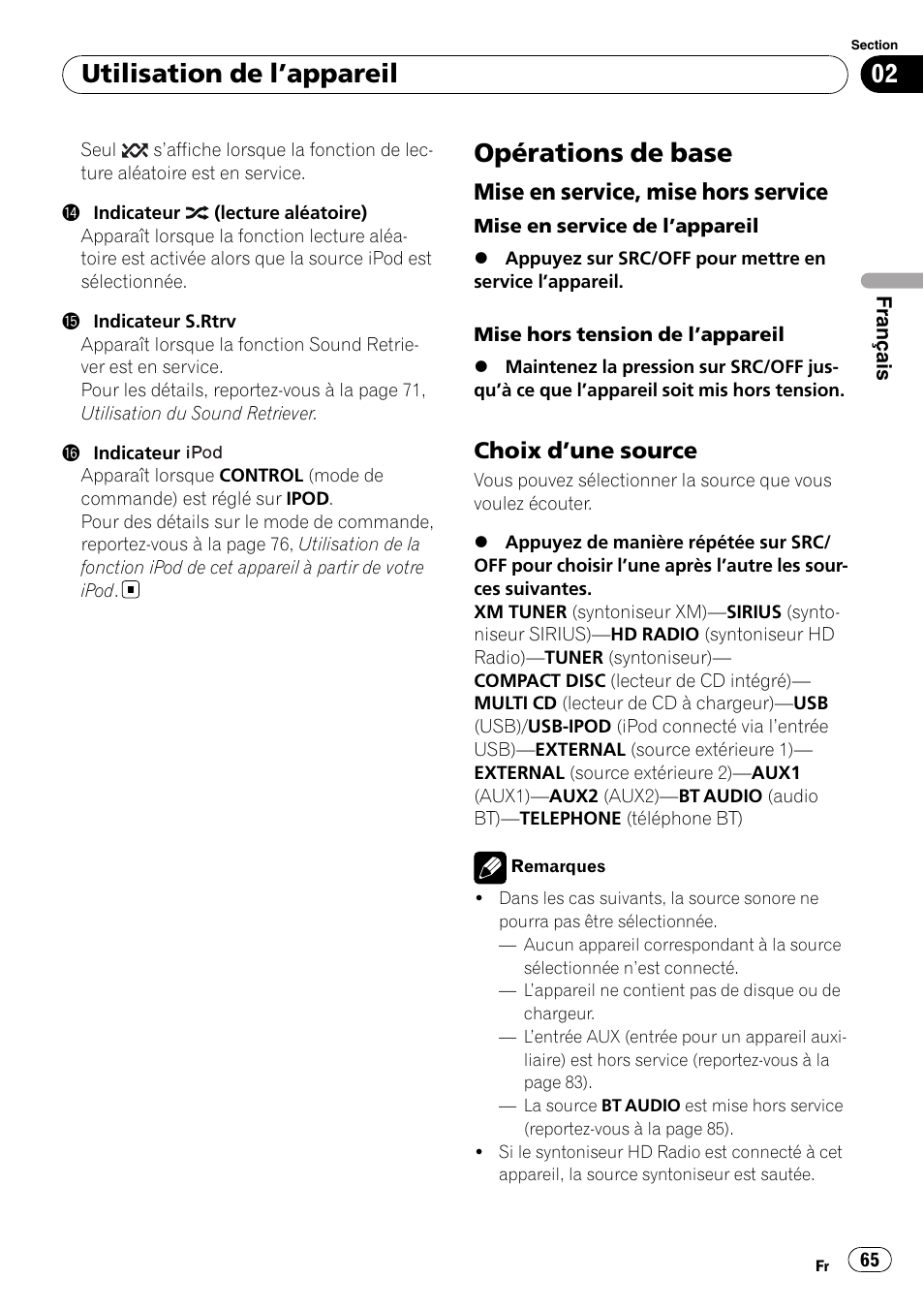 Opérations de base, Mise en service, mise hors service 65, Choix d’une source 65 | Utilisation de l ’appareil, Mise en service, mise hors service, Choix d ’une source | Pioneer DEH-P3100UB User Manual | Page 65 / 177