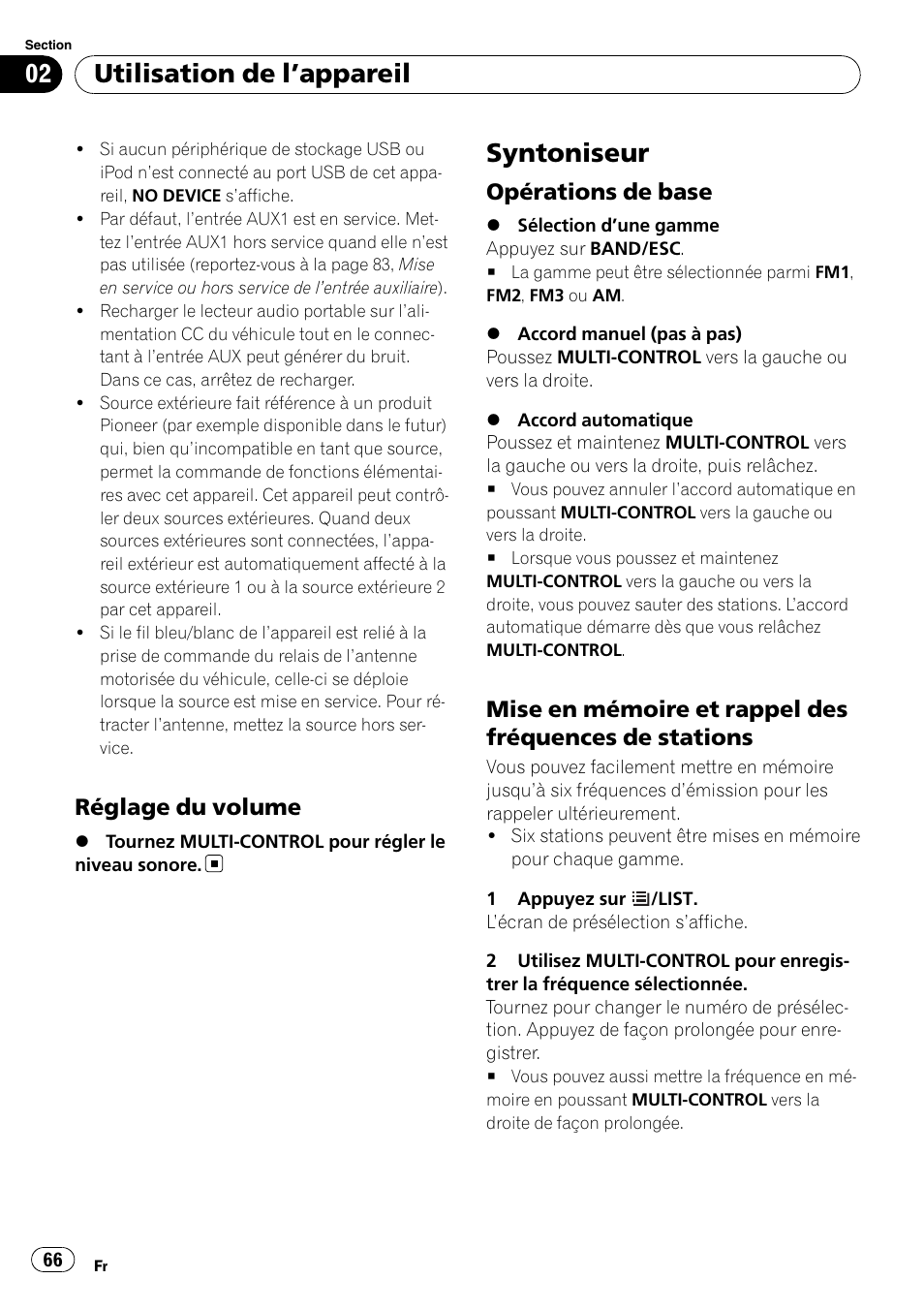 Réglage du volume 66, Syntoniseur, Opérations de base 66 | Mise en mémoire et rappel des, Fréquences de stations, Utilisation de l ’appareil, Réglage du volume, Opérations de base | Pioneer DEH-P3100UB User Manual | Page 66 / 177