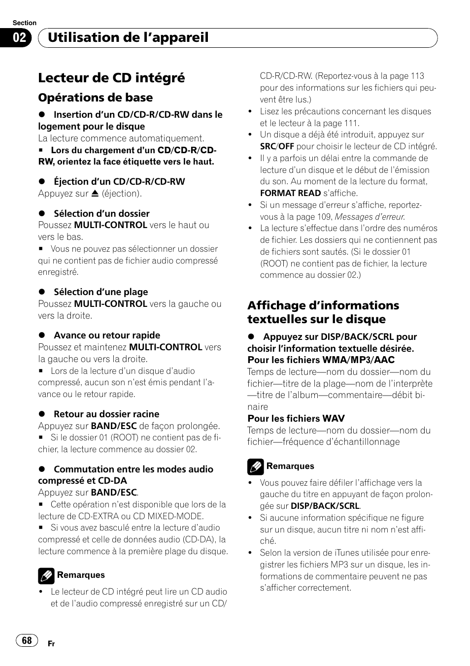 Lecteur de cd intégré, Opérations de base 68, Affichage d’informations textuelles sur | Le disque, Utilisation de l ’appareil, Opérations de base, Affichage d ’informations textuelles sur le disque | Pioneer DEH-P3100UB User Manual | Page 68 / 177