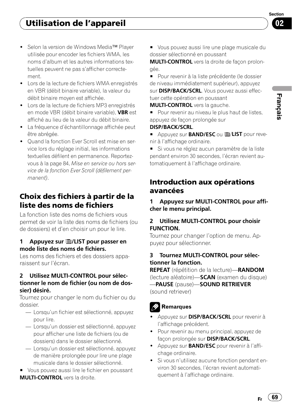 Choix des fichiers à partir de la liste des, Noms de fichiers, Introduction aux opérations | Avancées, Utilisation de l ’appareil, Introduction aux opérations avancées | Pioneer DEH-P3100UB User Manual | Page 69 / 177