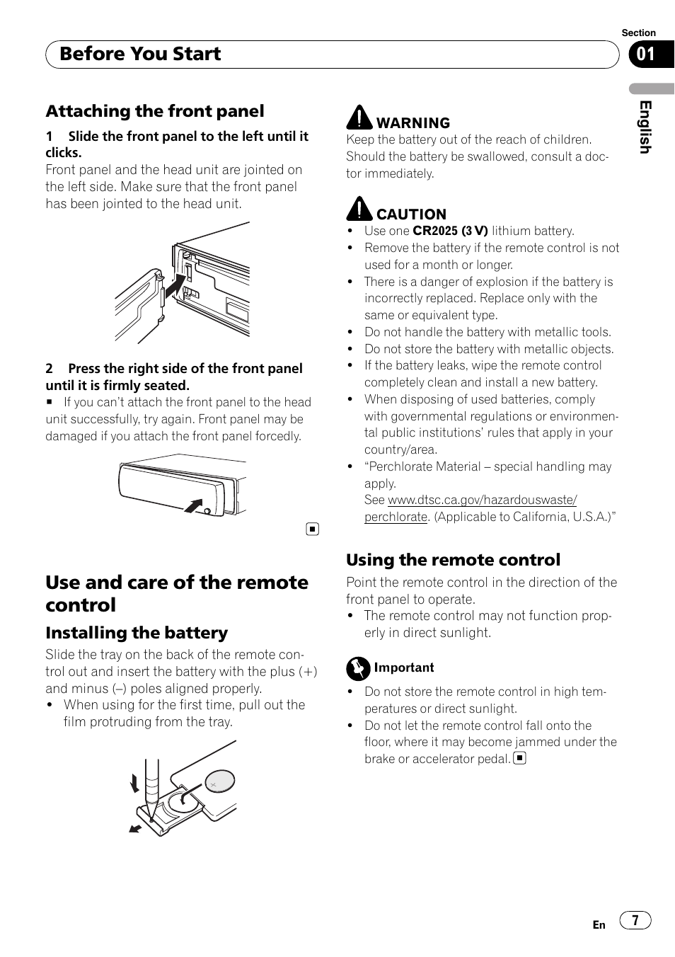 Attaching the front panel 7, Use and care of the remote control, Installing the battery 7 | Using the remote control 7, Before you start, Attaching the front panel, Installing the battery, Using the remote control | Pioneer DEH-P3100UB User Manual | Page 7 / 177