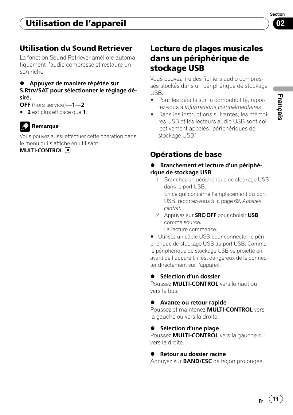 Utilisation du sound retriever 71, Lecture de plages musicales dans un, Périphérique de stockage usb | Opérations de base 71, Utilisation de l ’appareil, Utilisation du sound retriever, Opérations de base | Pioneer DEH-P3100UB User Manual | Page 71 / 177