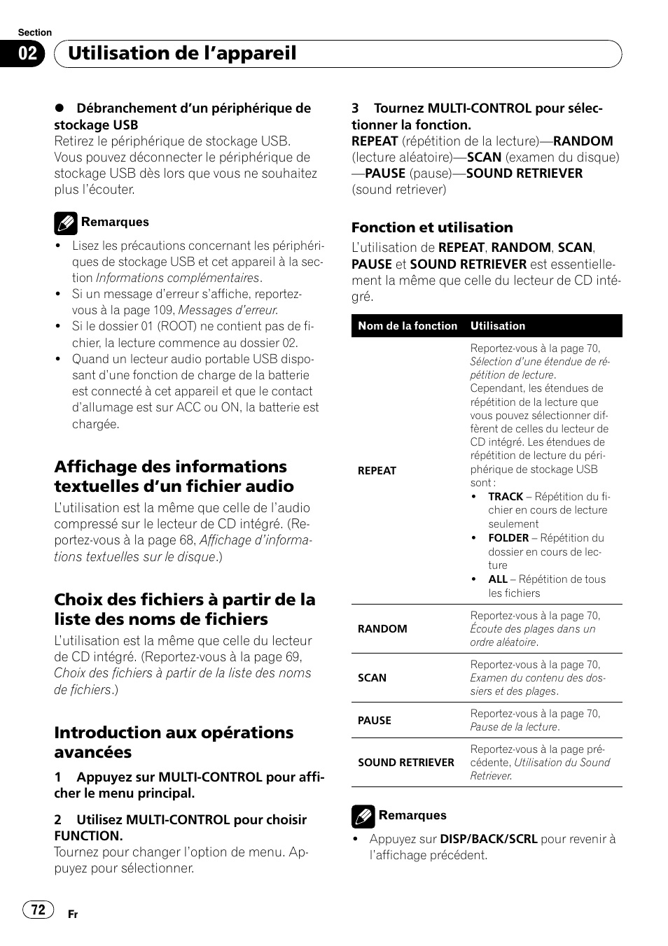 Affichage des informations textuelles, Un fichier audio 72, Choix des fichiers à partir de la liste des | Noms de fichiers, Introduction aux opérations, Avancées, Utilisation de l ’appareil, Introduction aux opérations avancées | Pioneer DEH-P3100UB User Manual | Page 72 / 177