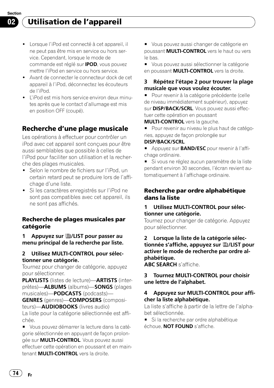 Recherche d’une plage musicale 74, Utilisation de l ’appareil, Recherche d ’une plage musicale | Pioneer DEH-P3100UB User Manual | Page 74 / 177