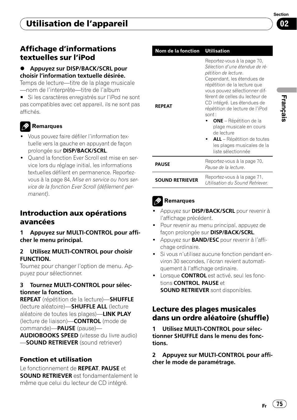 Affichage d’informations textuelles sur, Ipod 75, Introduction aux opérations | Avancées, Lecture des plages musicales dans un, Ordre aléatoire (shuffle), Utilisation de l ’appareil, Affichage d ’informations textuelles sur l ’ipod, Introduction aux opérations avancées | Pioneer DEH-P3100UB User Manual | Page 75 / 177