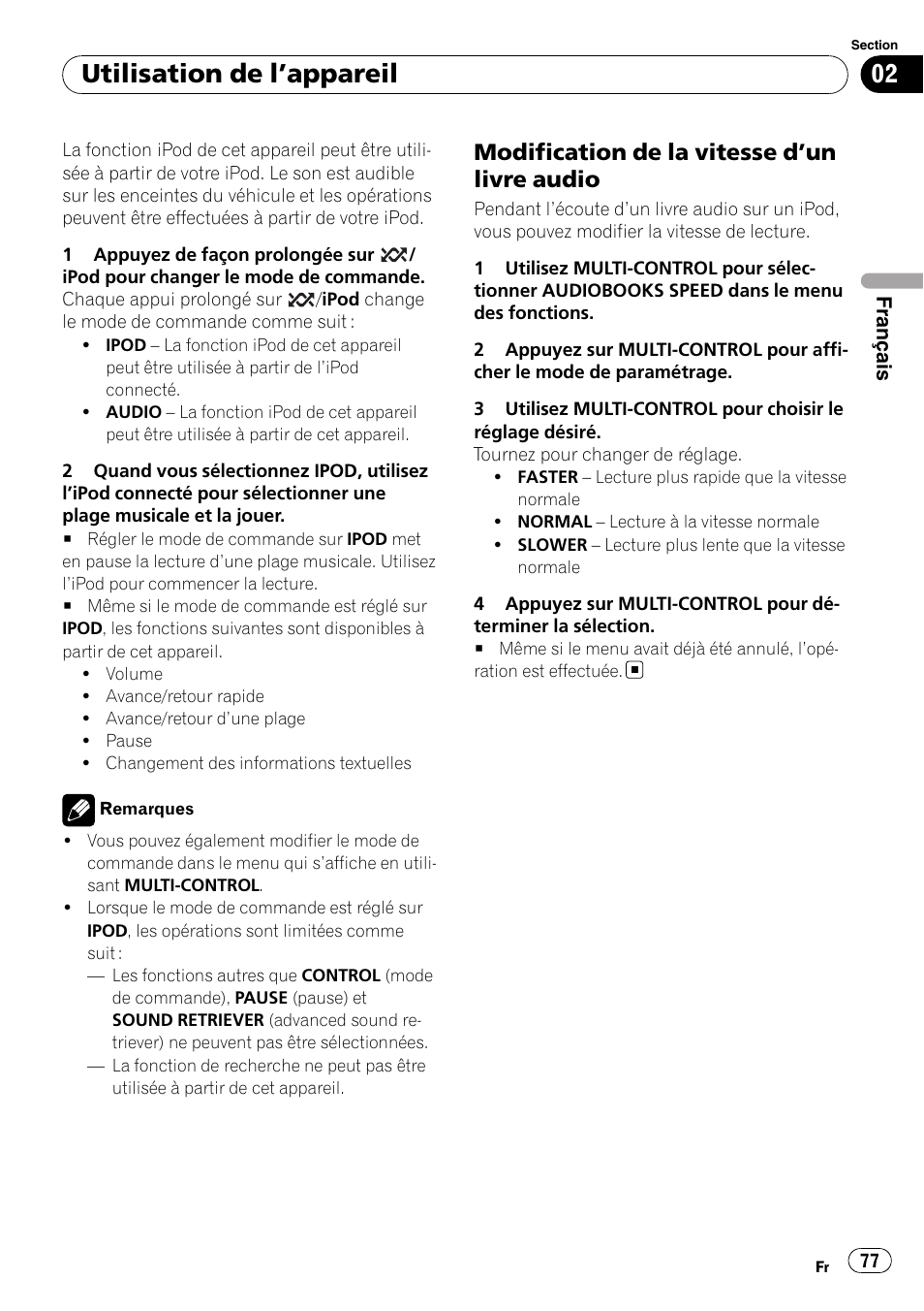 Modification de la vitesse d’un livre, Audio, Utilisation de l ’appareil | Modification de la vitesse d ’un livre audio | Pioneer DEH-P3100UB User Manual | Page 77 / 177