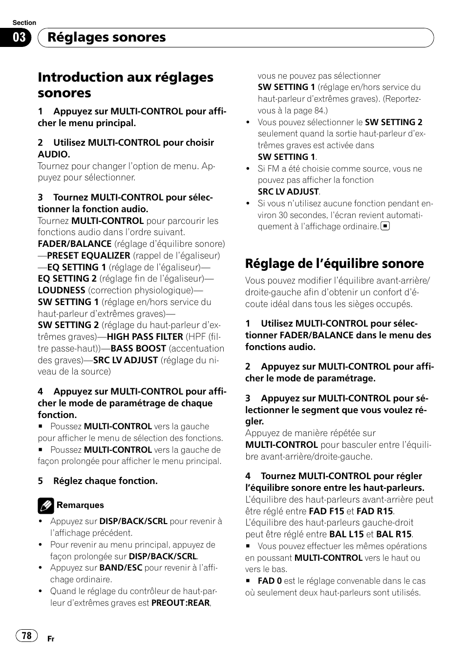 Réglages sonores introduction aux réglages sonores, Réglage de l, Équilibre sonore 78 | Introduction aux réglages sonores, Réglage de l ’équilibre sonore, Réglages sonores | Pioneer DEH-P3100UB User Manual | Page 78 / 177