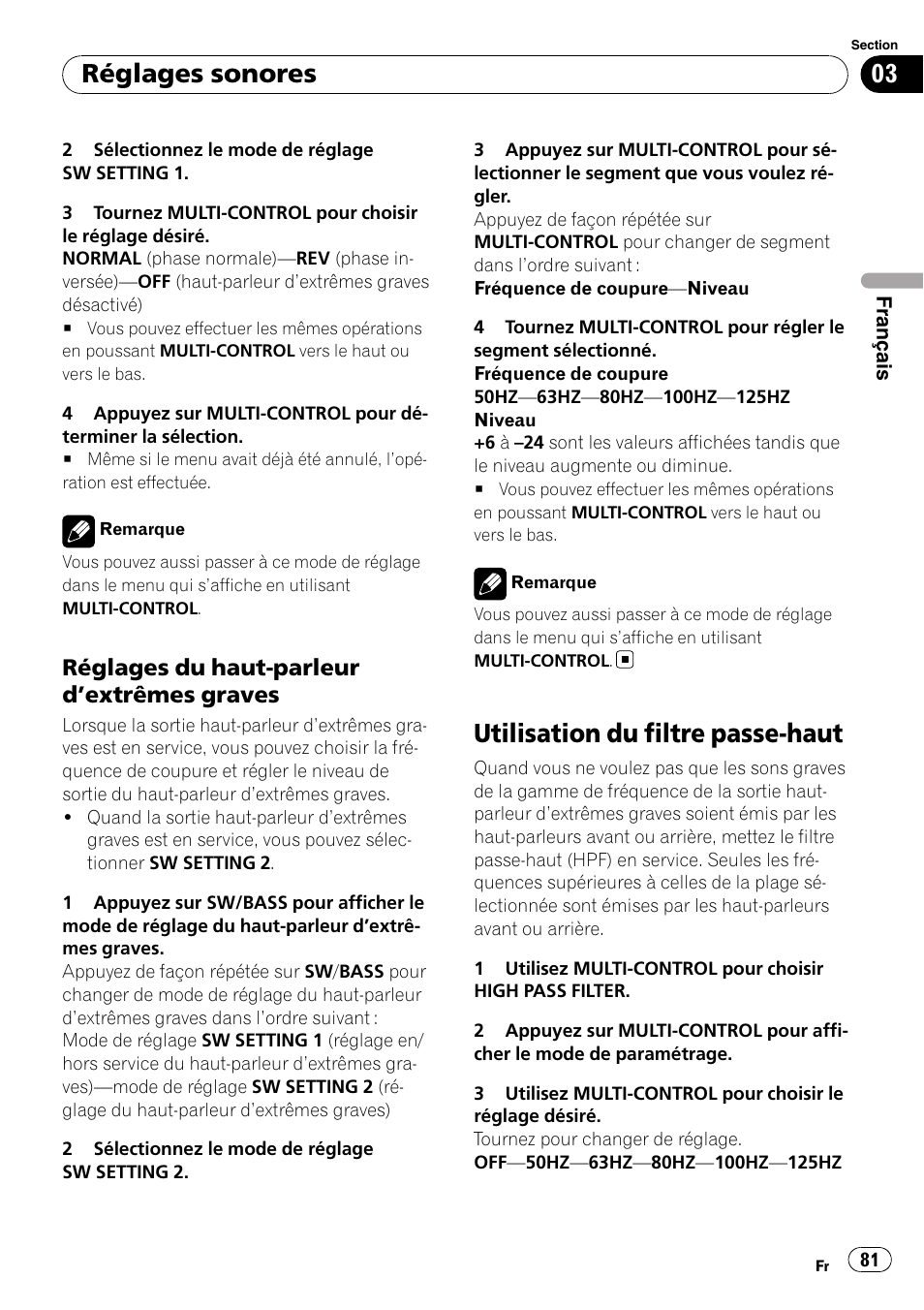 Réglages du haut-parleur d’extrêmes, Graves, Utilisation du filtre passe-haut | Réglages sonores, Réglages du haut-parleur d ’extrêmes graves | Pioneer DEH-P3100UB User Manual | Page 81 / 177