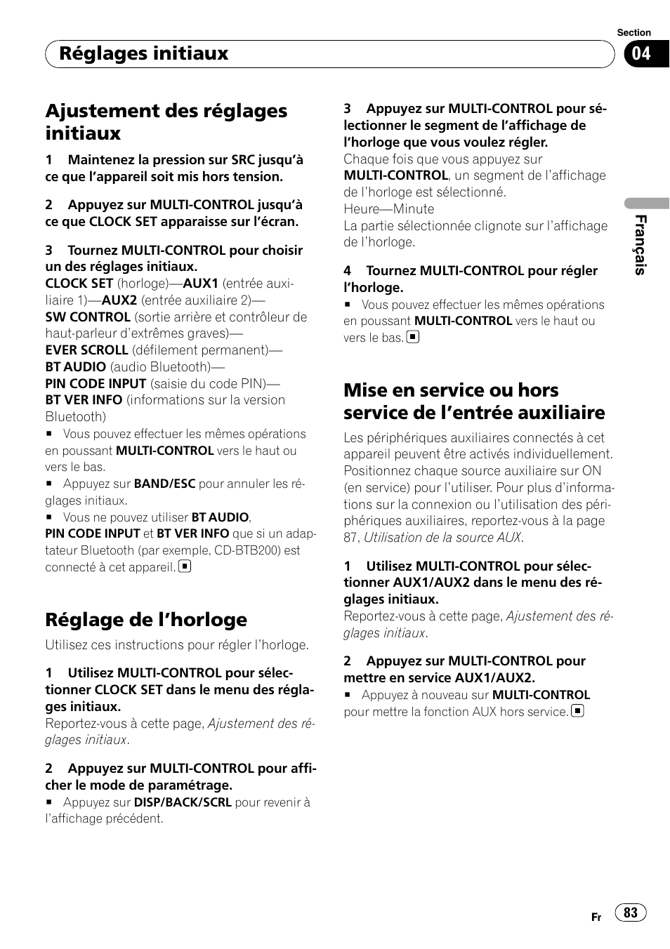Réglages initiaux ajustement des réglages initiaux, Réglage de l, Horloge 83 | Mise en service ou hors service de l, Entrée, Auxiliaire, Ajustement des réglages initiaux, Réglage de l ’horloge, Réglages initiaux | Pioneer DEH-P3100UB User Manual | Page 83 / 177