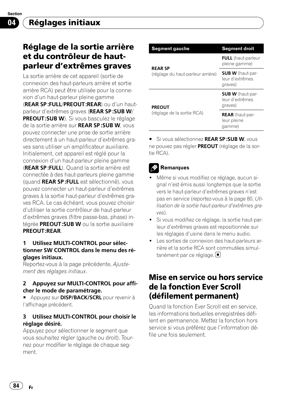 Réglage de la sortie arrière et du contrôleur, De haut-parleur d, Extrêmes graves 84 | Mise en service ou hors service de la, Fonction ever scroll (défilement permanent), Réglages initiaux | Pioneer DEH-P3100UB User Manual | Page 84 / 177