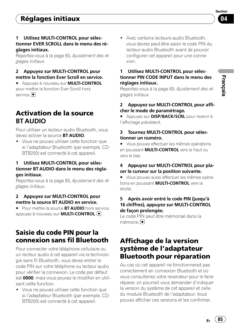 Activation de la source bt audio, Saisie du code pin pour la connexion sans fil, Bluetooth | Affichage de la version système de, Adaptateur bluetooth pour, Réparation, Réglages initiaux | Pioneer DEH-P3100UB User Manual | Page 85 / 177