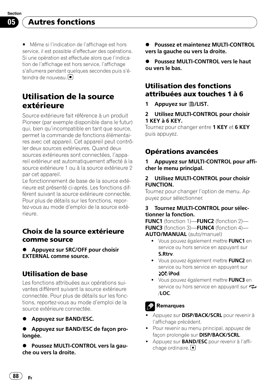 Utilisation de la source extérieure, Choix de la source extérieure comme, Source | Utilisation de base 88, Utilisation des fonctions attribuées aux, Touches 1 à 6, Opérations avancées 88, Autres fonctions, Choix de la source extérieure comme source, Utilisation de base | Pioneer DEH-P3100UB User Manual | Page 88 / 177