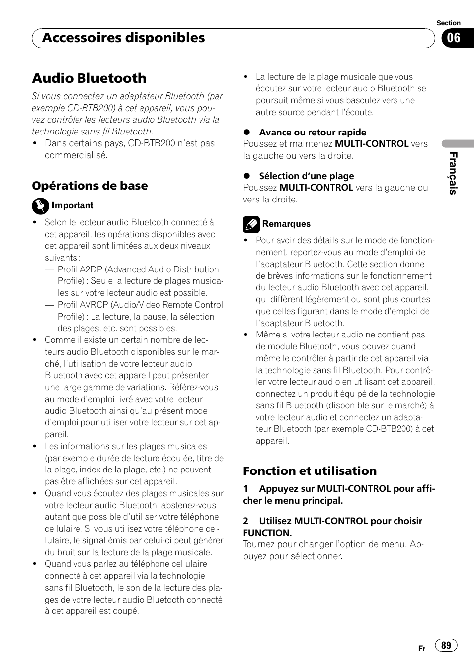 Accessoires disponibles audio bluetooth, Opérations de base 89, Fonction et utilisation 89 | Audio bluetooth, Accessoires disponibles, Opérations de base, Fonction et utilisation | Pioneer DEH-P3100UB User Manual | Page 89 / 177