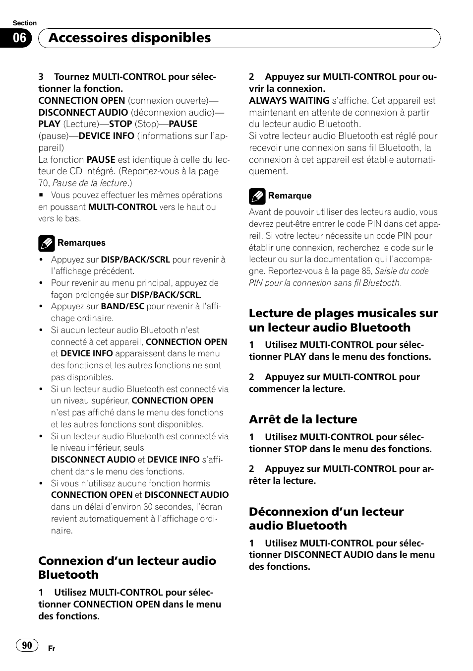 Connexion d’un lecteur audio, Bluetooth, Lecture de plages musicales sur un | Lecteur audio bluetooth, Arrêt de la lecture 90, Déconnexion d’un lecteur audio, Accessoires disponibles, Connexion d ’un lecteur audio bluetooth, Arrêt de la lecture, Déconnexion d ’un lecteur audio bluetooth | Pioneer DEH-P3100UB User Manual | Page 90 / 177