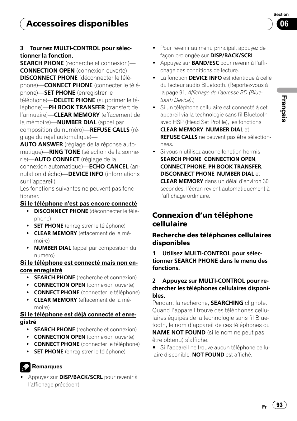 Connexion d’un téléphone, Cellulaire, Un téléphone cellu | Laire, Accessoires disponibles, Connexion d ’un téléphone cellulaire | Pioneer DEH-P3100UB User Manual | Page 93 / 177