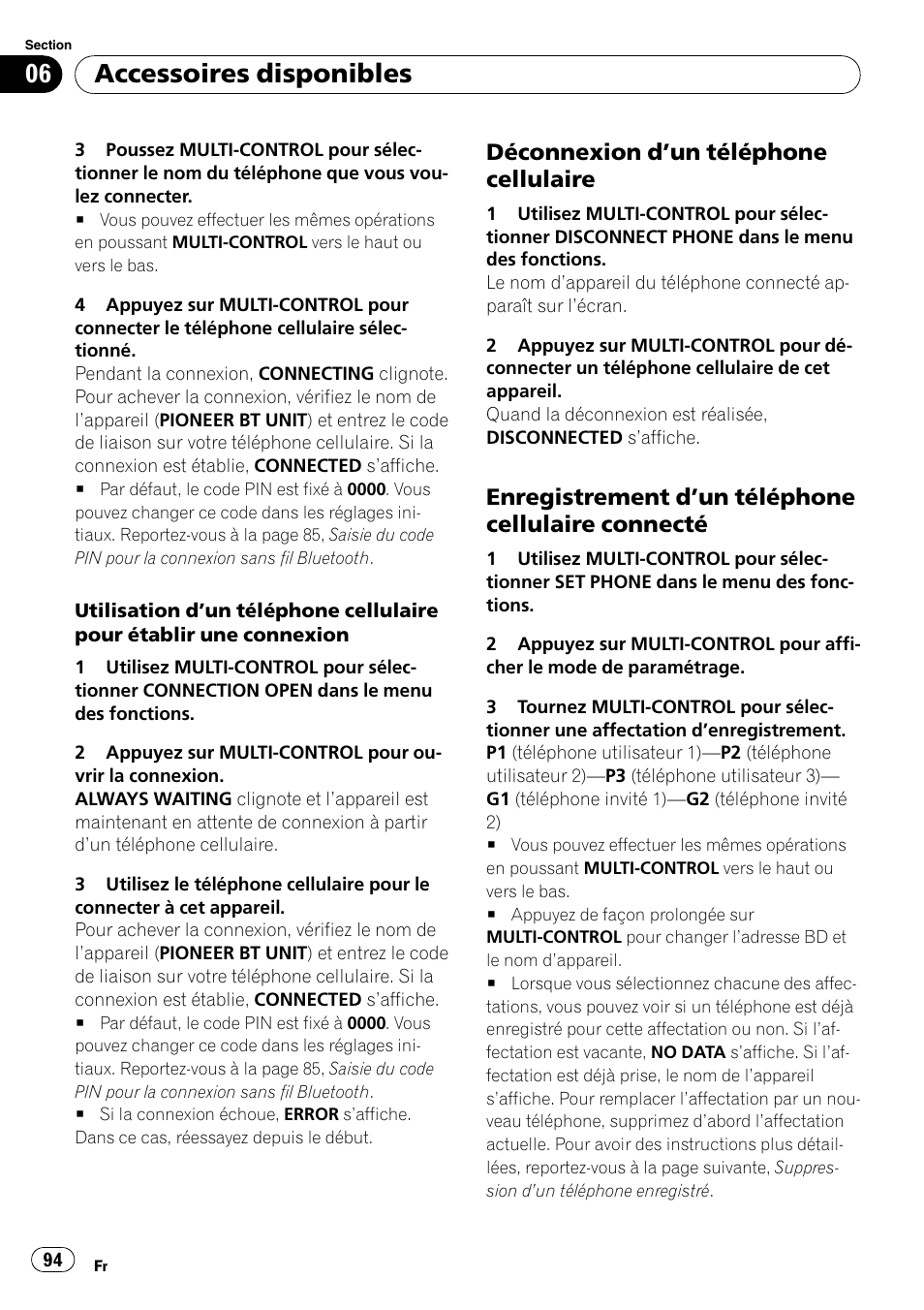 Déconnexion d’un téléphone, Cellulaire, Enregistrement d’un téléphone | Cellulaire connecté, Un téléphone cellulaire, Connecté, Accessoires disponibles, Déconnexion d ’un téléphone cellulaire, Enregistrement d ’un téléphone cellulaire connecté | Pioneer DEH-P3100UB User Manual | Page 94 / 177