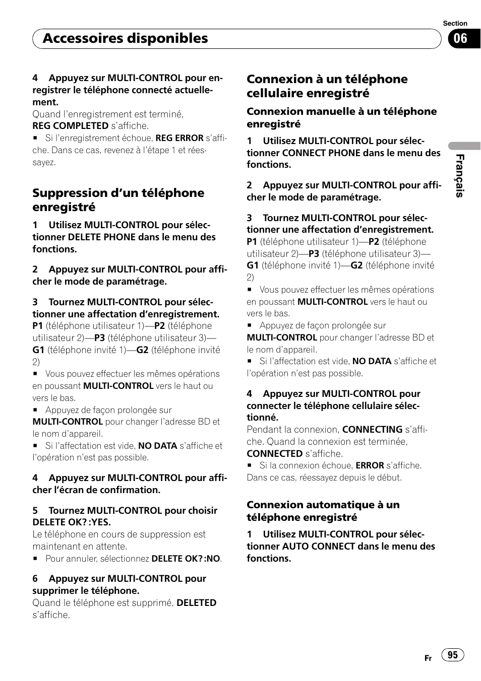 Suppression d’un téléphone, Enregistré, Connexion à un téléphone cellulaire | Un téléphone enregistré, Accessoires disponibles, Suppression d ’un téléphone enregistré, Connexion à un téléphone cellulaire enregistré | Pioneer DEH-P3100UB User Manual | Page 95 / 177