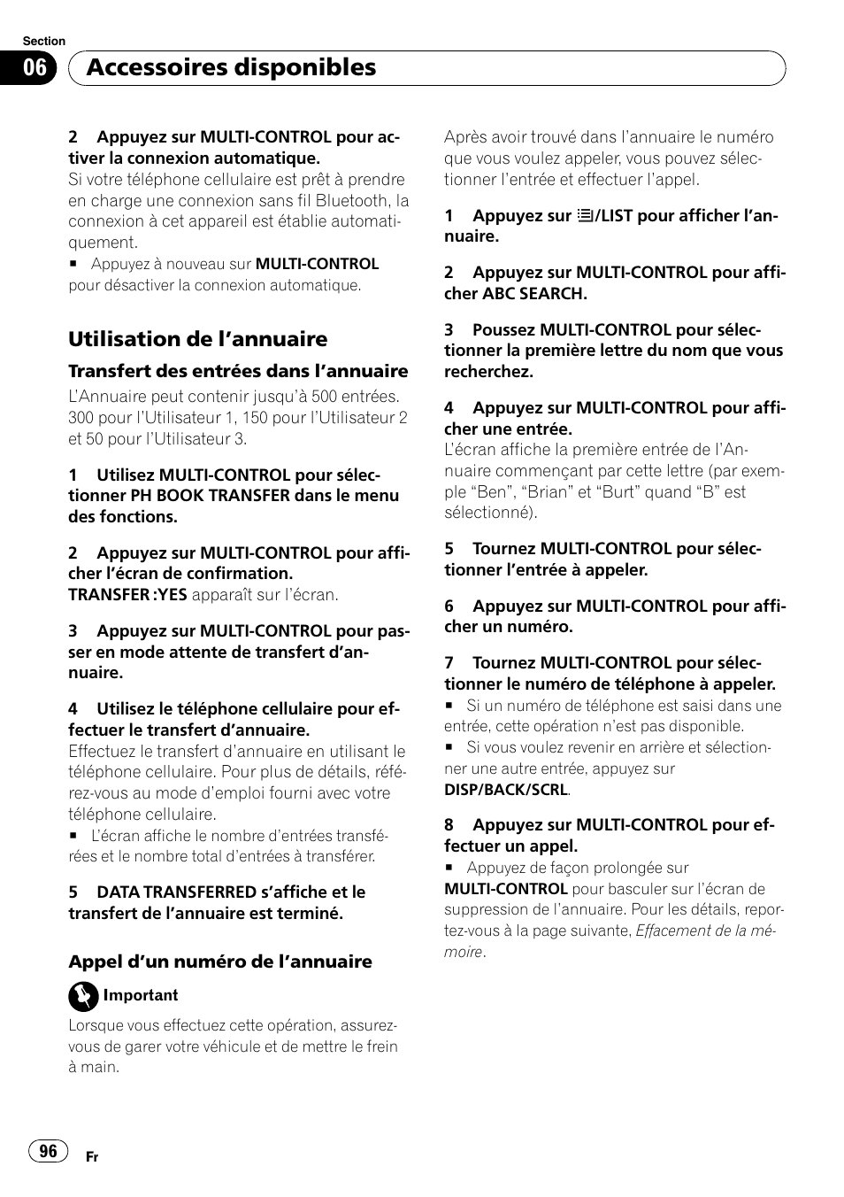 Utilisation de l’annuaire 96, Accessoires disponibles, Utilisation de l ’annuaire | Pioneer DEH-P3100UB User Manual | Page 96 / 177