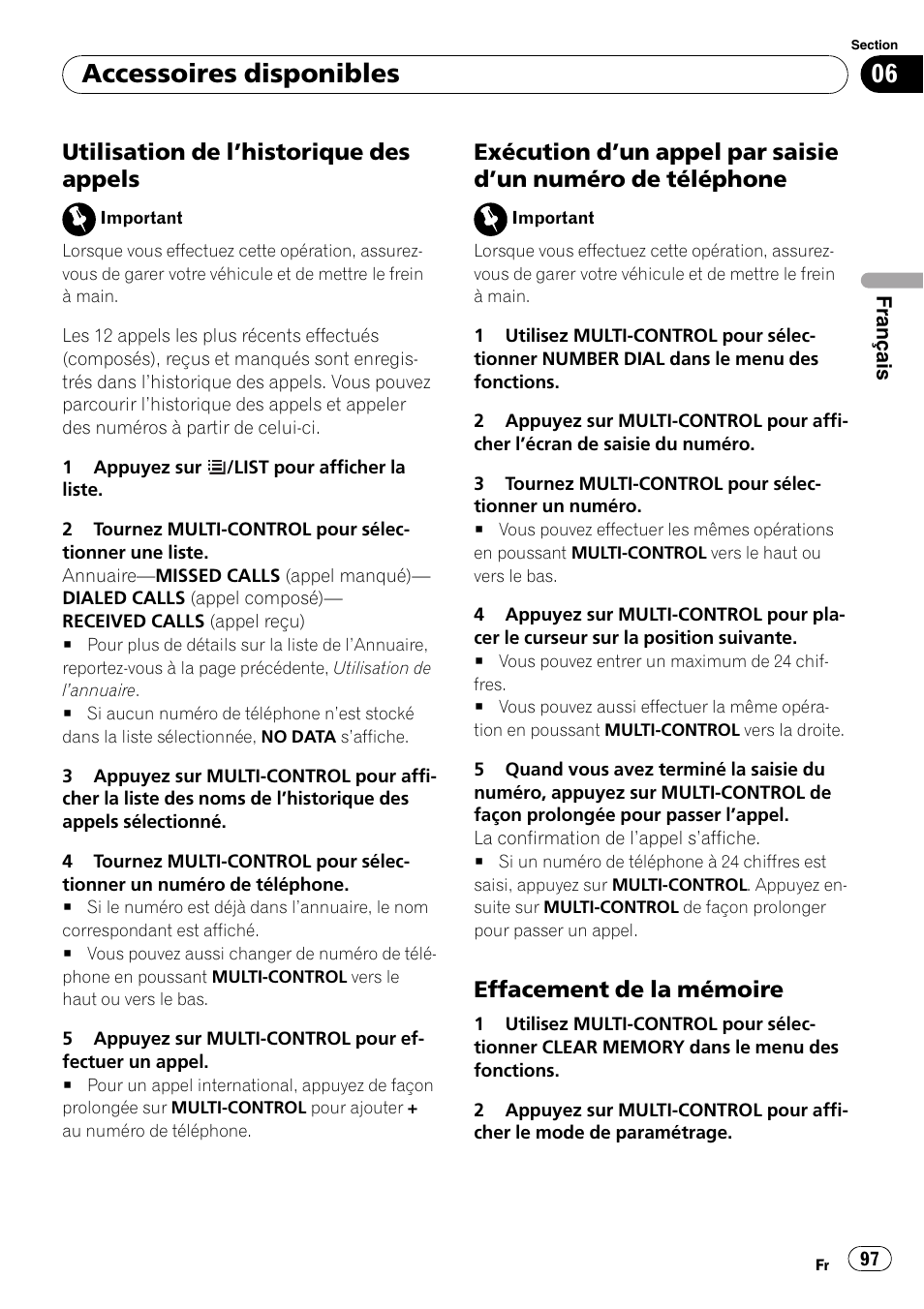 Utilisation de l’historique des, Appels, Exécution d’un appel par saisie d’un | Numéro de téléphone, Effacement de la mémoire 97, Accessoires disponibles, Utilisation de l ’historique des appels, Effacement de la mémoire | Pioneer DEH-P3100UB User Manual | Page 97 / 177