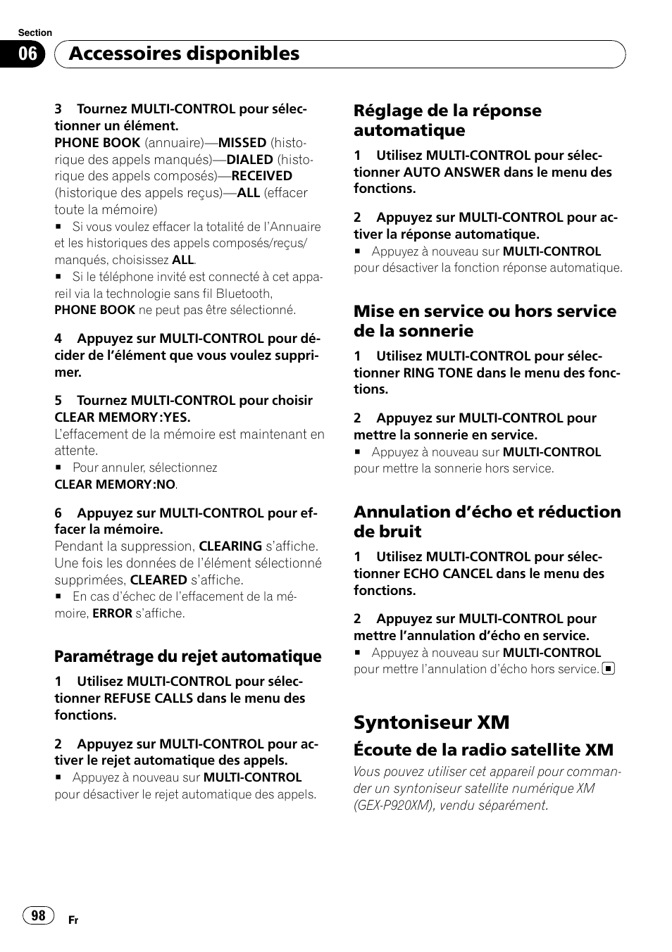 Paramétrage du rejet automatique 98, Réglage de la réponse, Automatique | Mise en service ou hors service de la, Sonnerie, Annulation d’écho et réduction de, Bruit, Syntoniseur xm, Écoute de la radio satellite xm 98, Accessoires disponibles | Pioneer DEH-P3100UB User Manual | Page 98 / 177