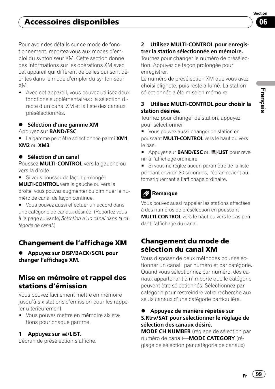 Changement de l’affichage xm 99, Mise en mémoire et rappel des stations, Émission 99 | Changement du mode de sélection du, Canal xm, Accessoires disponibles, Changement de l ’affichage xm, Mise en mémoire et rappel des stations d ’émission, Changement du mode de sélection du canal xm | Pioneer DEH-P3100UB User Manual | Page 99 / 177
