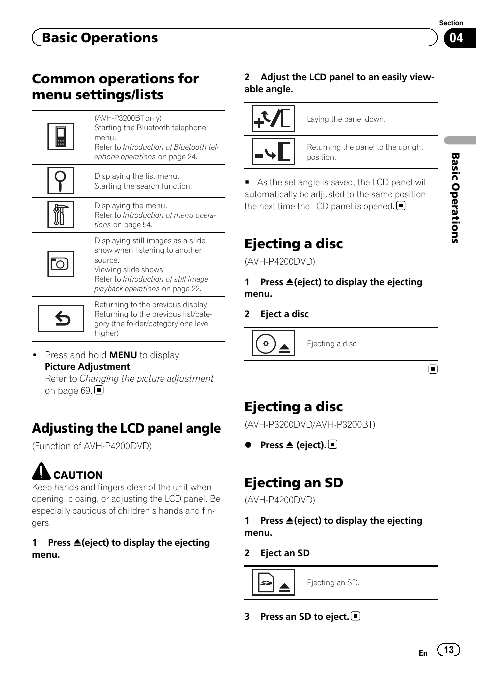 Common operations for menu settings, Lists, Adjusting the lcd panel angle | Ejecting a disc, Ejecting an sd, Common operations for menu settings/lists, Basic operations | Pioneer AVH-P4200DVD User Manual | Page 13 / 96