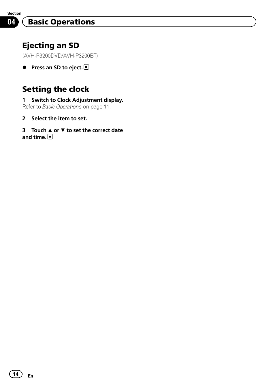 Ejecting an sd, Setting the clock, 04 basic operations | Pioneer AVH-P4200DVD User Manual | Page 14 / 96