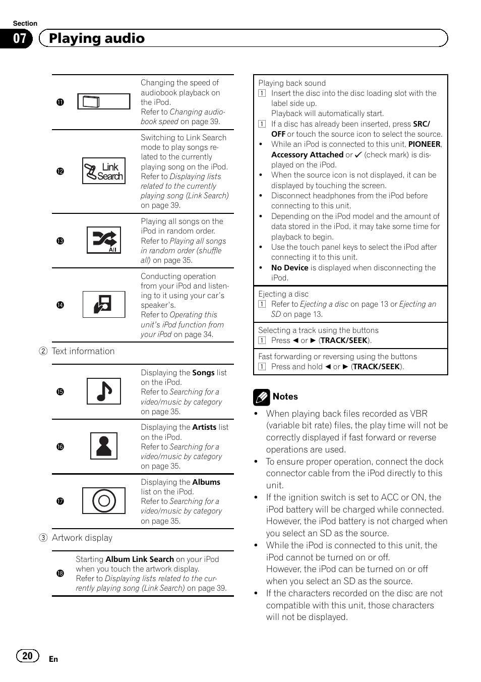07 playing audio | Pioneer AVH-P4200DVD User Manual | Page 20 / 96