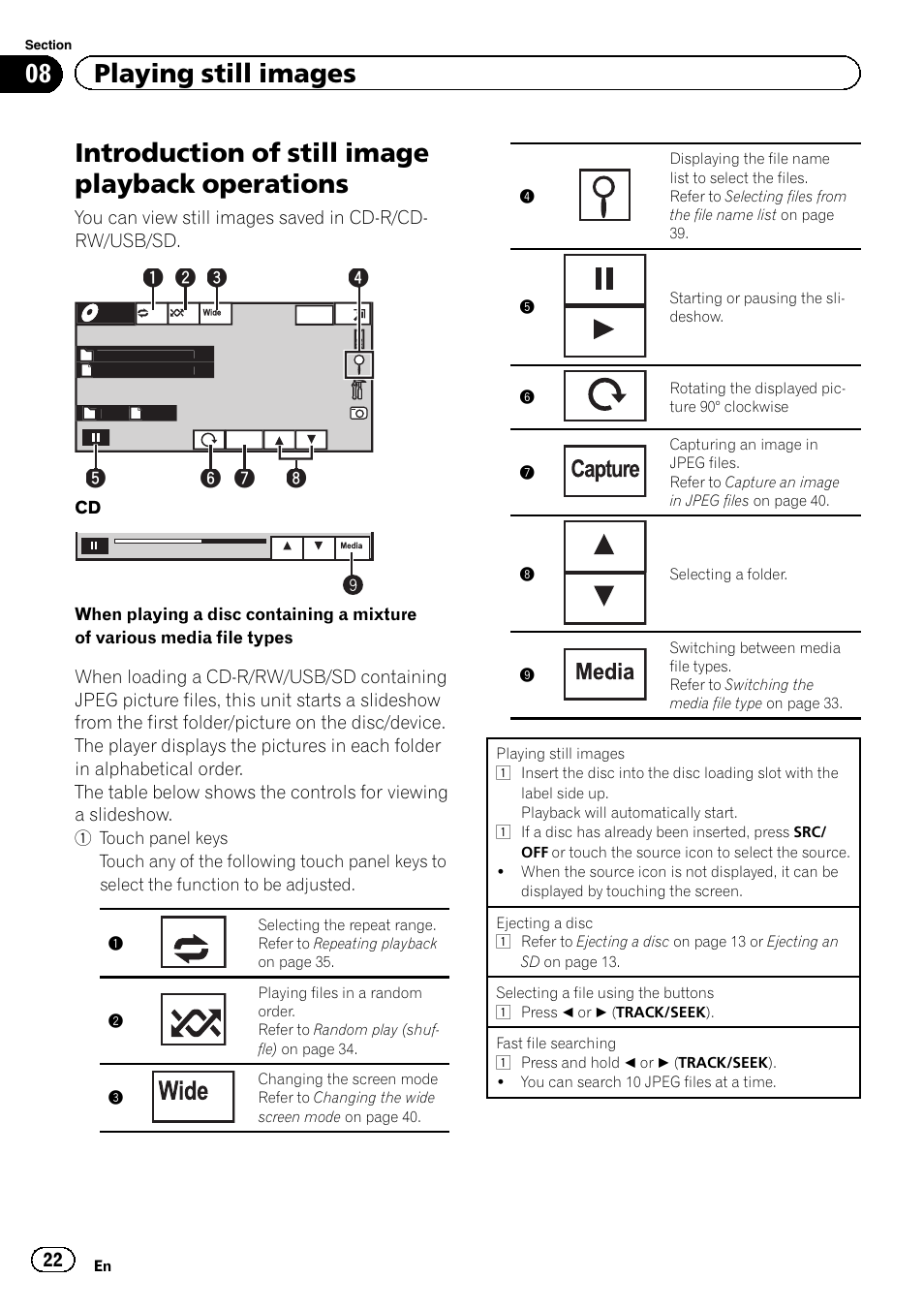 Operations, Introduction of still image playback operations, 08 playing still images | Pioneer AVH-P4200DVD User Manual | Page 22 / 96