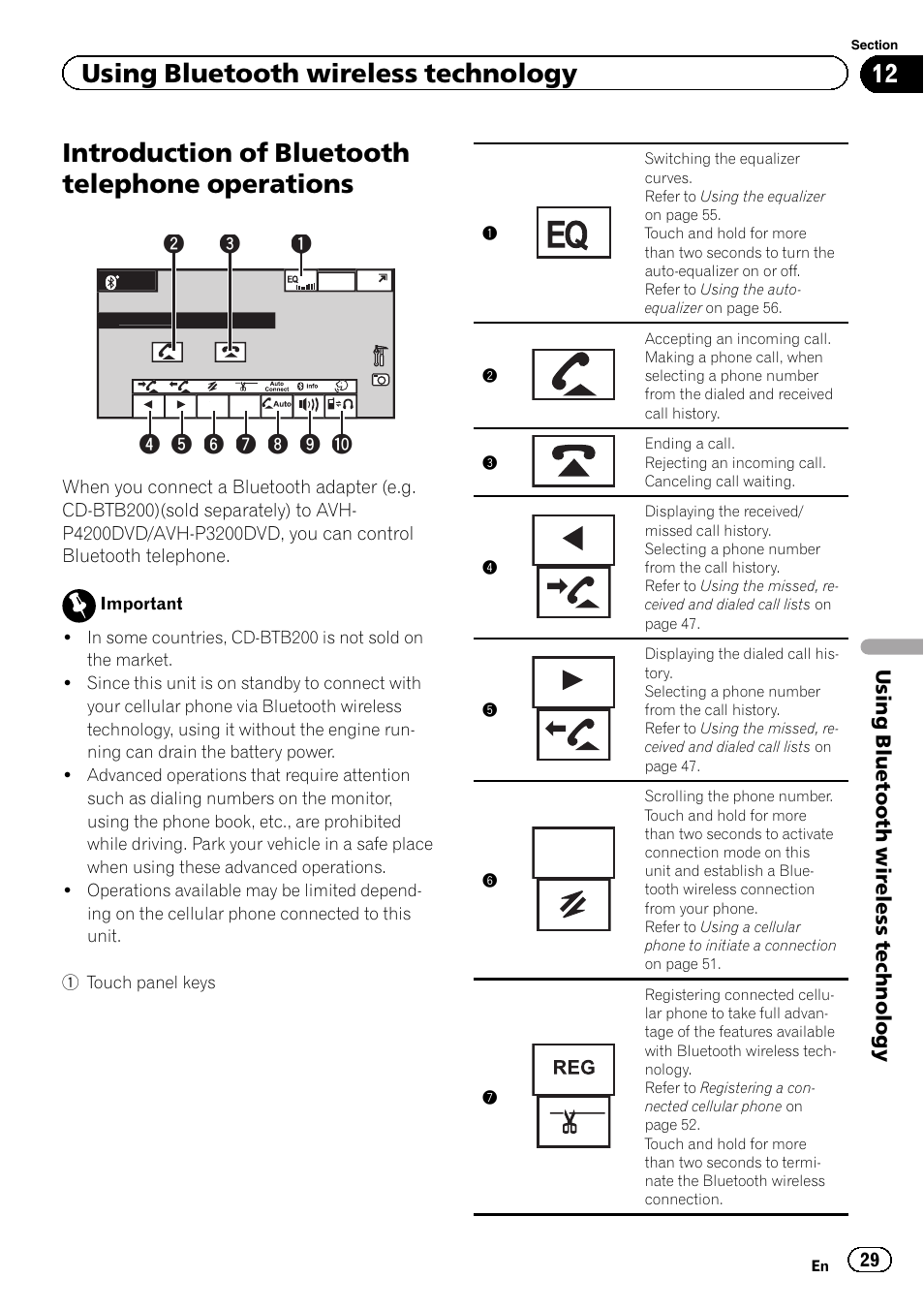 Operations, Introduction of bluetooth telephone operations, Using bluetooth wireless technology | Text scroll | Pioneer AVH-P4200DVD User Manual | Page 29 / 96