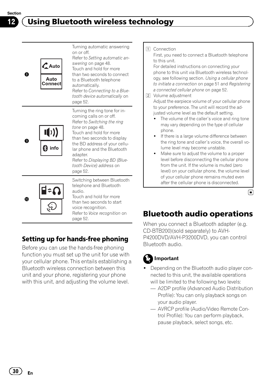 Bluetooth audio operations, 12 using bluetooth wireless technology, Setting up for hands-free phoning | Pioneer AVH-P4200DVD User Manual | Page 30 / 96