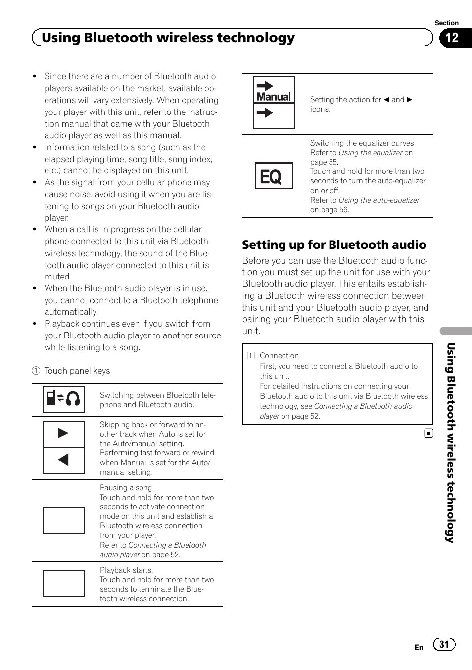 Using bluetooth wireless technology, Setting up for bluetooth audio | Pioneer AVH-P4200DVD User Manual | Page 31 / 96
