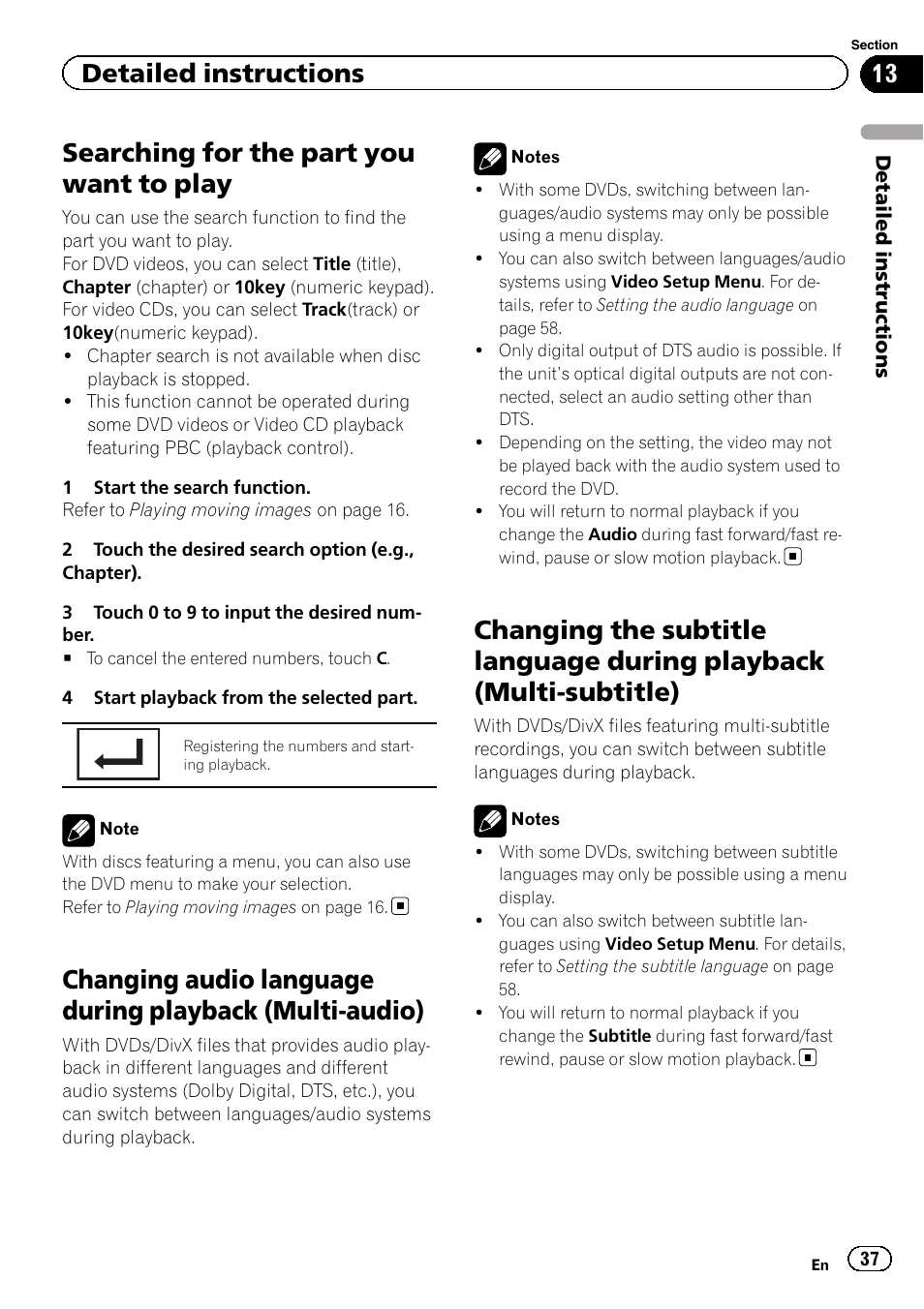 Searching for the part you want to play, Changing audio language during playback, Multi-audio) | Changing the subtitle language during, Playback (multi-subtitle), Detailed instructions | Pioneer AVH-P4200DVD User Manual | Page 37 / 96