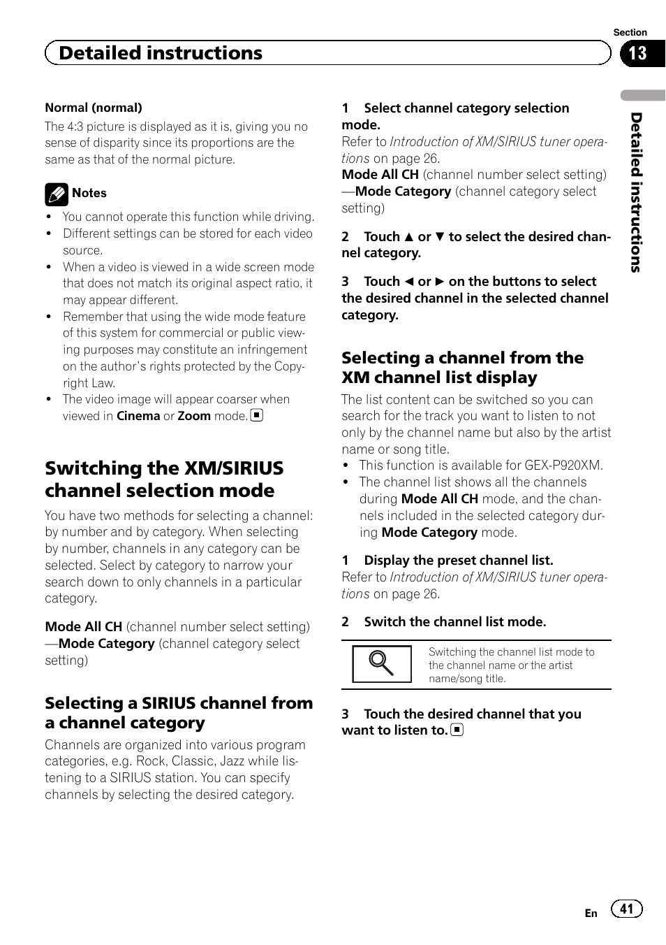 Switching the xm/sirius channel selection, Mode, Switching the xm/sirius channel selection mode | Detailed instructions, Selecting a sirius channel from a channel category | Pioneer AVH-P4200DVD User Manual | Page 41 / 96
