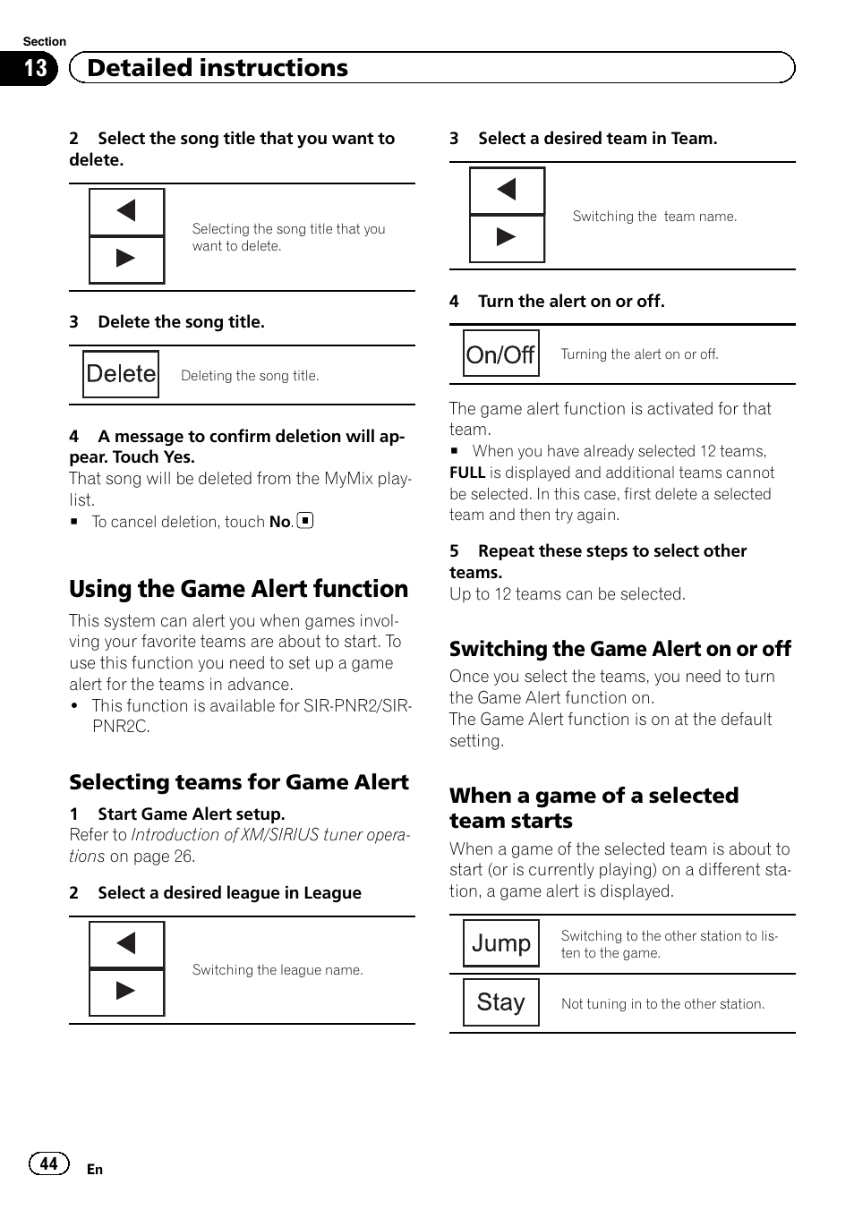 Using the game alert function, 13 detailed instructions, Selecting teams for game alert | Switching the game alert on or off, When a game of a selected team starts | Pioneer AVH-P4200DVD User Manual | Page 44 / 96
