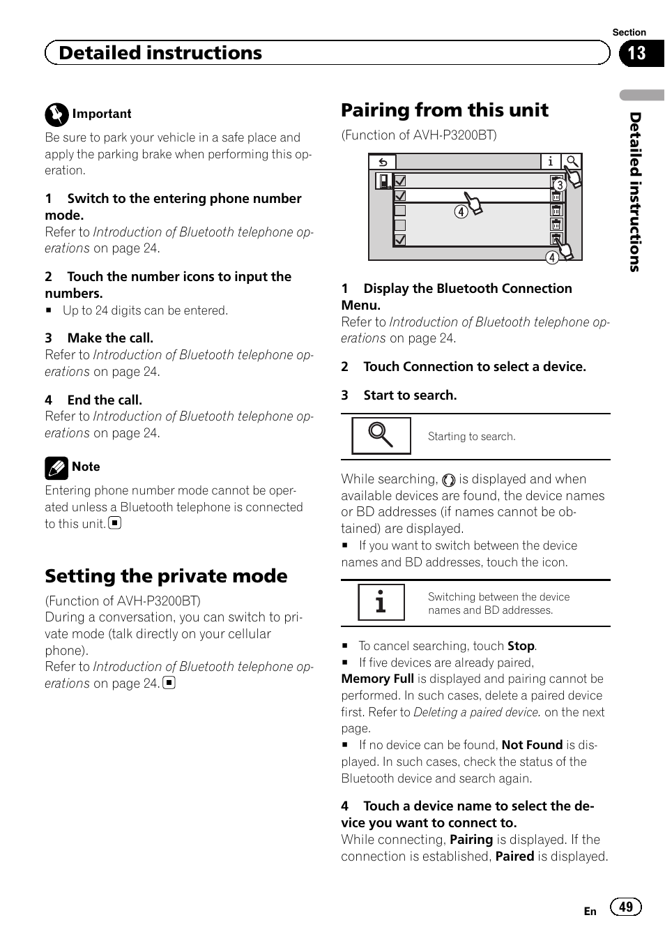 Setting the private mode, Pairing from this unit, Detailed instructions | Pioneer AVH-P4200DVD User Manual | Page 49 / 96