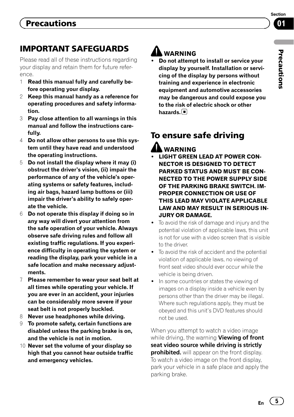 Precautions important safeguards, To ensure safe driving, Important safeguards | Precautions | Pioneer AVH-P4200DVD User Manual | Page 5 / 96