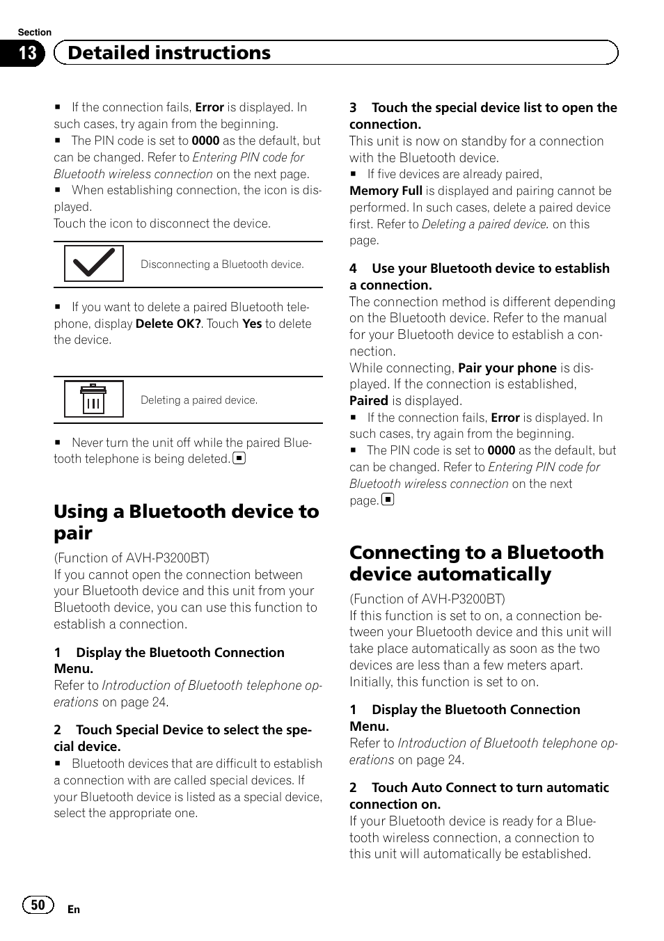 Using a bluetooth device to pair, Connecting to a bluetooth device, Automatically | Connecting to a bluetooth device automatically, 13 detailed instructions | Pioneer AVH-P4200DVD User Manual | Page 50 / 96