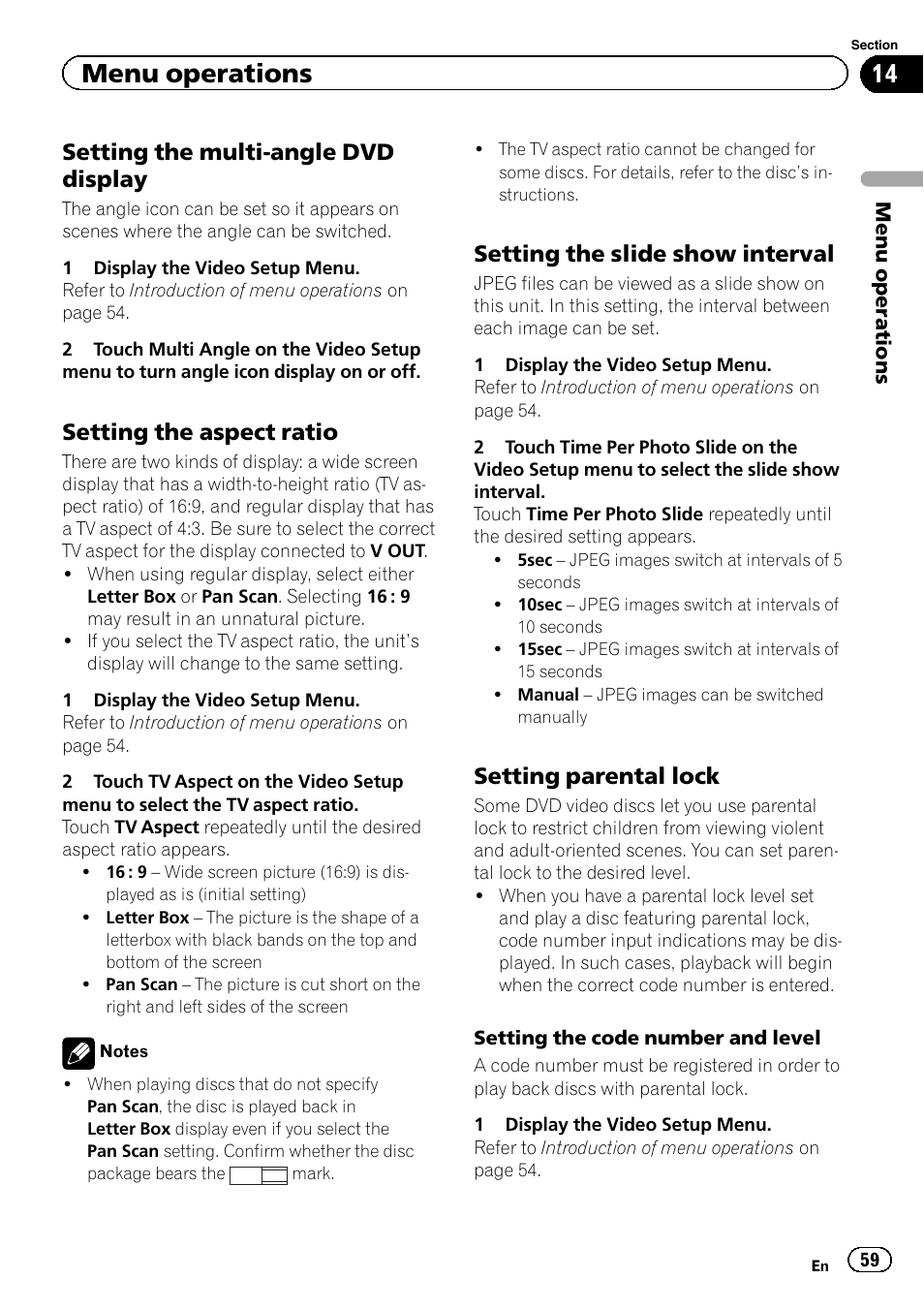 Menu operations, Setting the multi-angle dvd display, Setting the aspect ratio | Setting the slide show interval, Setting parental lock | Pioneer AVH-P4200DVD User Manual | Page 59 / 96