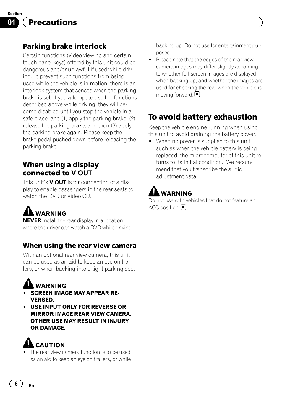 To avoid battery exhaustion, 01 precautions | Pioneer AVH-P4200DVD User Manual | Page 6 / 96