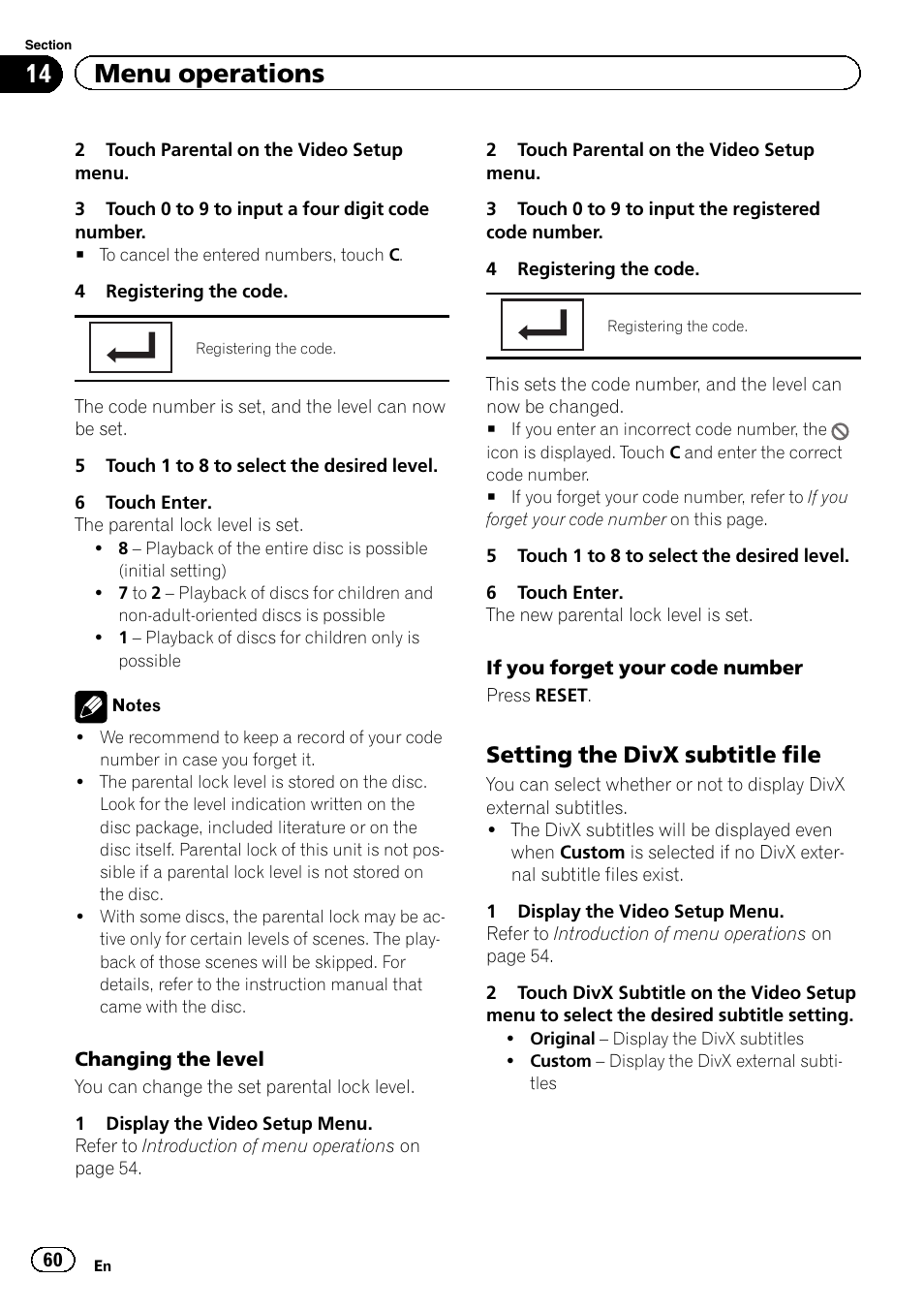 14 menu operations, Setting the divx subtitle file | Pioneer AVH-P4200DVD User Manual | Page 60 / 96