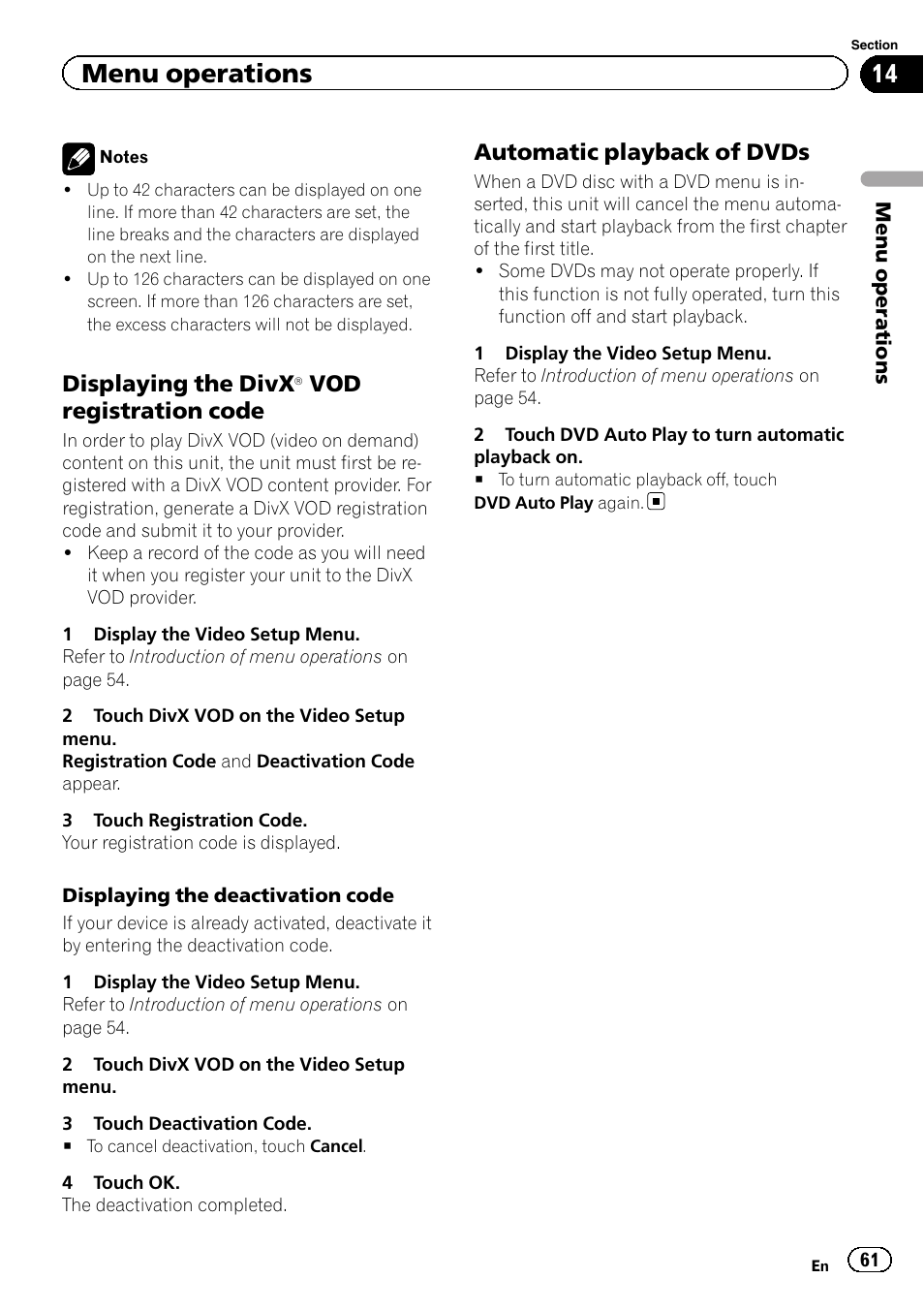 Displaying the divx, Menu operations, Vod registration code | Automatic playback of dvds | Pioneer AVH-P4200DVD User Manual | Page 61 / 96