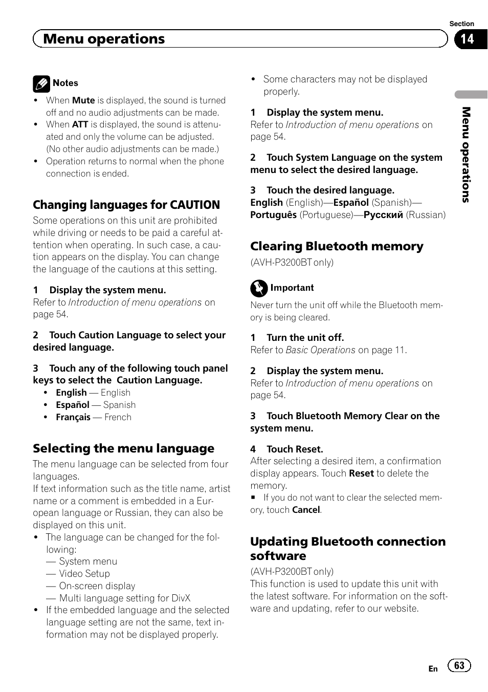 Menu operations, Changing languages for caution, Selecting the menu language | Updating bluetooth connection software | Pioneer AVH-P4200DVD User Manual | Page 63 / 96