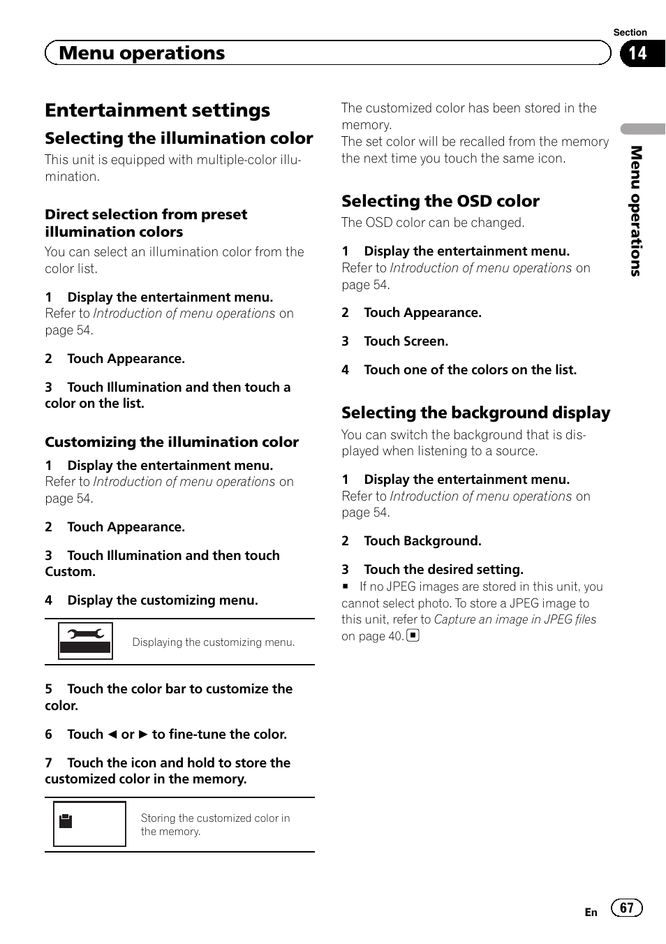 Entertainment settings, Menu operations, Selecting the illumination color | Selecting the osd color, Selecting the background display | Pioneer AVH-P4200DVD User Manual | Page 67 / 96