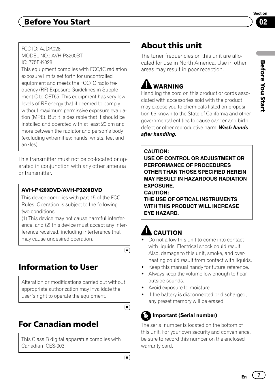 Before you start avh-p4200dvd/avh-p3200dvd, Information to user, For canadian model | About this unit, Before you start | Pioneer AVH-P4200DVD User Manual | Page 7 / 96